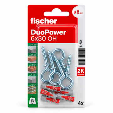 Fischer DuoPower OH K NV Plug with Eye Hook – 6 × 30 mm (4 Pcs/Pack)