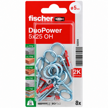 Fischer DuoPower OH K NV Plug with Eye Hook – 5 × 25 mm (8 Pcs/Pack)