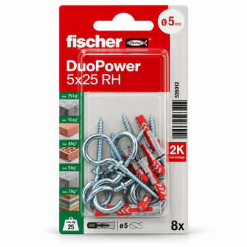 Fischer DuoPower RH K NV Plug with Round Hook – 5 × 25 mm (8 Pcs/Pack)