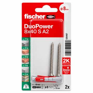 Fischer DuoPower Plug with SS Screw – 8 × 40 mm (2 Pcs/Pack)
