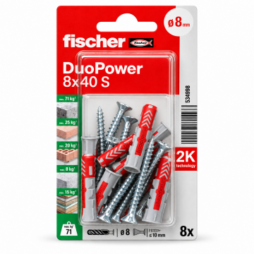 Fischer DuoPower Plug with Screw – 8 × 40 mm (8 Pcs/Pack)